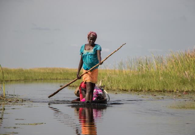 A woman navigates through a marsh in South Sudan, standing and pushing it along with a pole. Many have fled through the swamps to seek safety on "islands" where they live without access to food, clean water or health care. 
