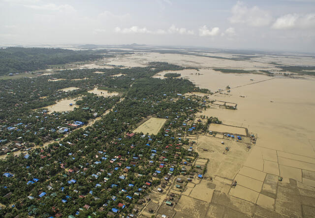 An aerial view of flooding in Myanmar that inundated homes and fields in the wake of Cyclone Komen in 2015.