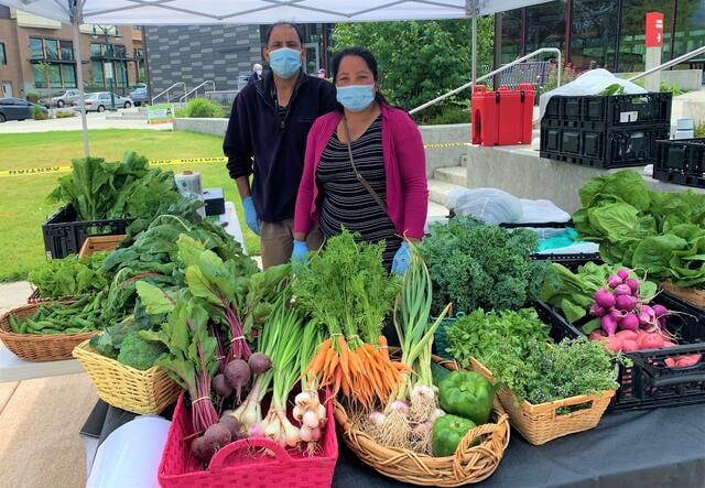 Two farmers wearing face masks stand behind a table full of fresh, locally grown vegetables and herbs in baskets.