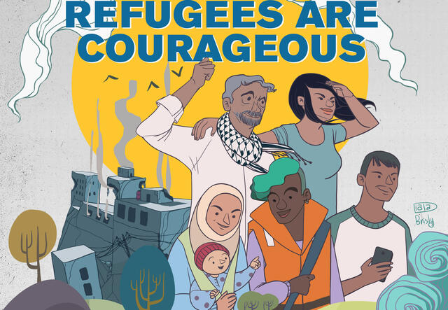 An illustration of five men and women of different ages and cultures, including a baby, an older woman with a hijab and a young man with hair dyed blue. There is destruction behind them and they are looking forward with images of waves ahead of them. 