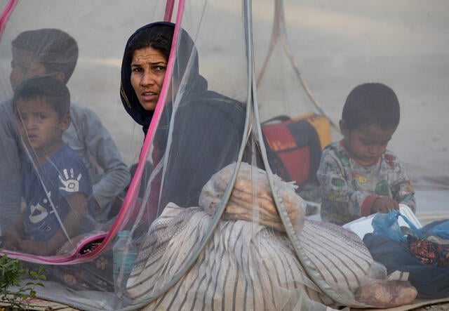 A displaced Afghan woman looking at the camera sits in a net tent with her young children around her.