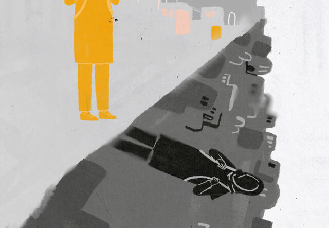 An animation of an Afghan teenage girl and her reflection. There is a diagonal line across the image with the girl's legs, in yellow and with a blank background, at the top. At the bottom, she is holding a backpack in front of a city skyline. 