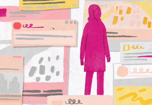 As a pink silhouette, an Afghan girl stands alone surrounded by news headlines. 