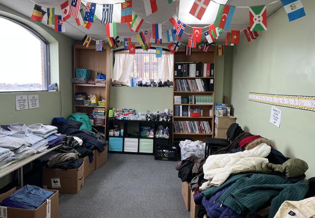 A picture of distribution items set up at the IRC in NJ office in different stations. 