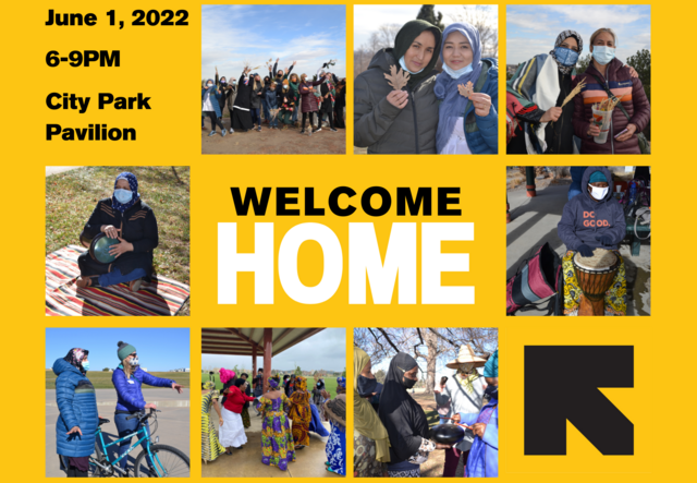 A collage on a yellow background advertising the Welcome Home 2022 fundraiser event. There are photos of different refugee women, the time, location, and date in the top left corner, and the IRC symbol in the bottom right corner. 
