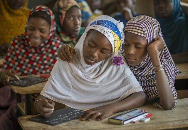 Two girls in a classroom in Niger