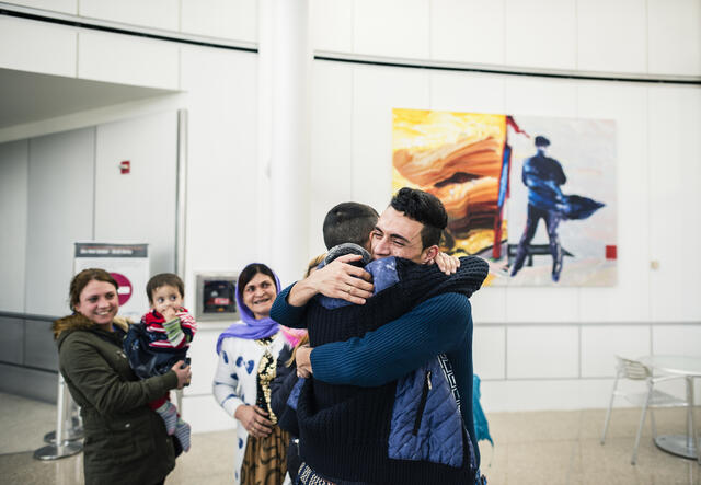 Adil Kheder Nimr, a Yazidi refugee, was reunited with his family on February 10. in Tukwila, Washington after they were banned from entering the U.S.