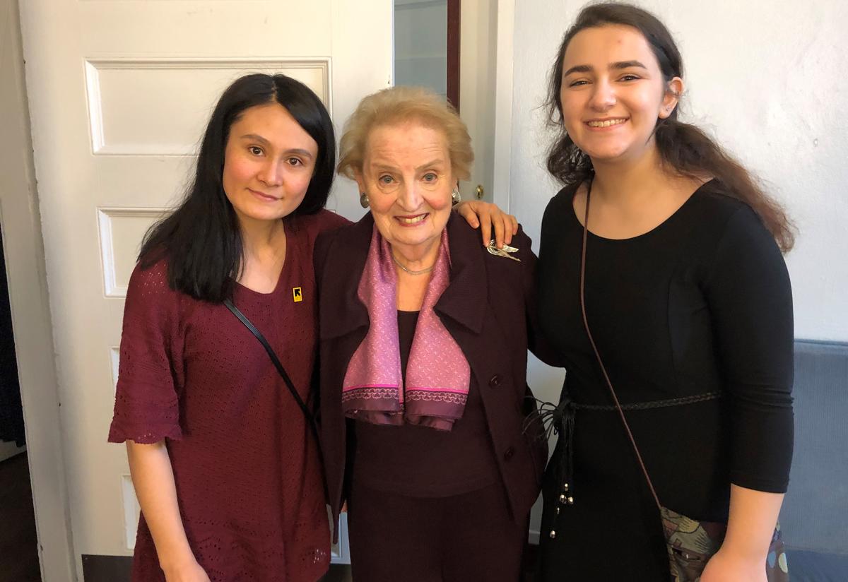 Frishta, Hon. Madeleine Albright, and Manar backstage. Frishta, Hon. Madeleine Albright, and Manar backstage.
