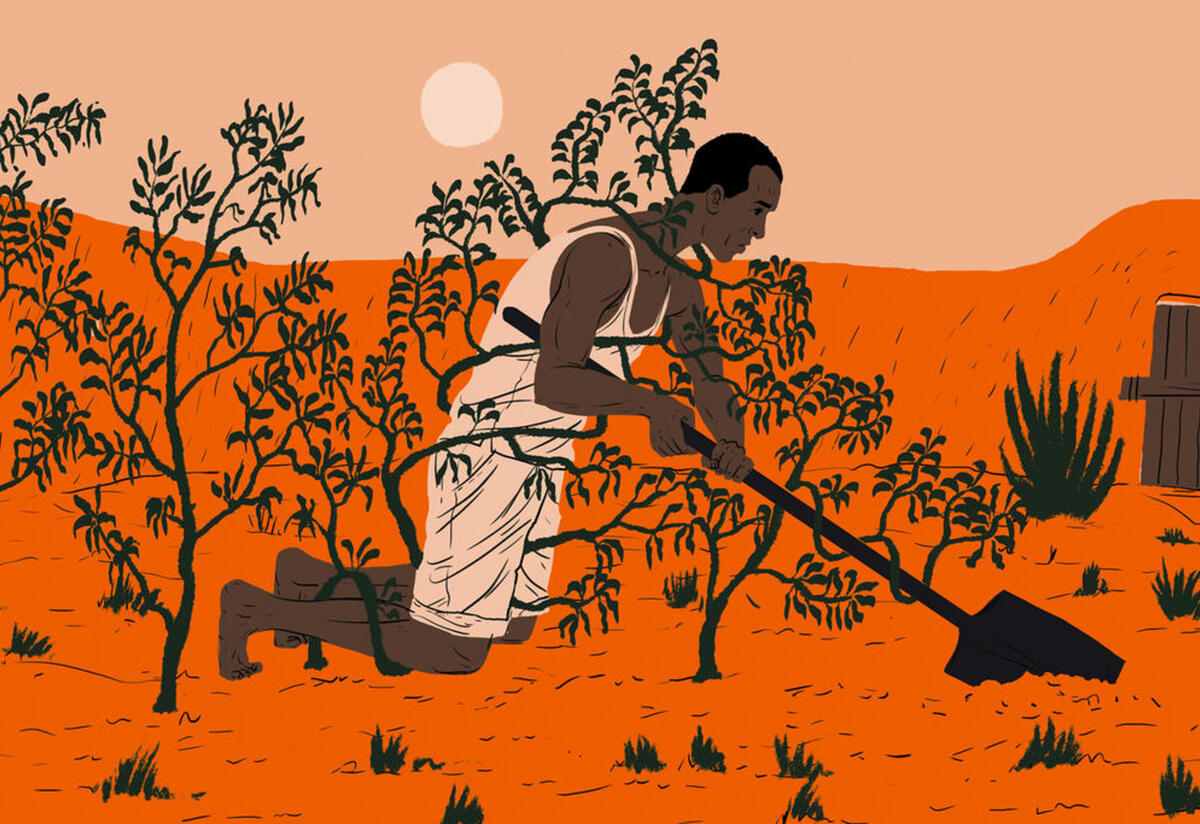 A man forced to work in Libya A man kneels in a garden with a shovel.