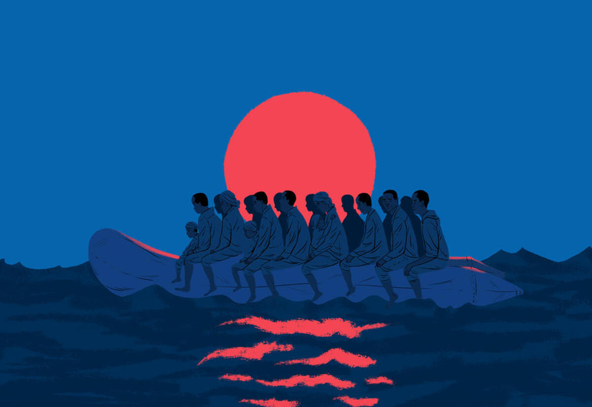 People sit on a raft in the Mediterranean sea. They cramped and very close to one another. There is a big moon behind them. 