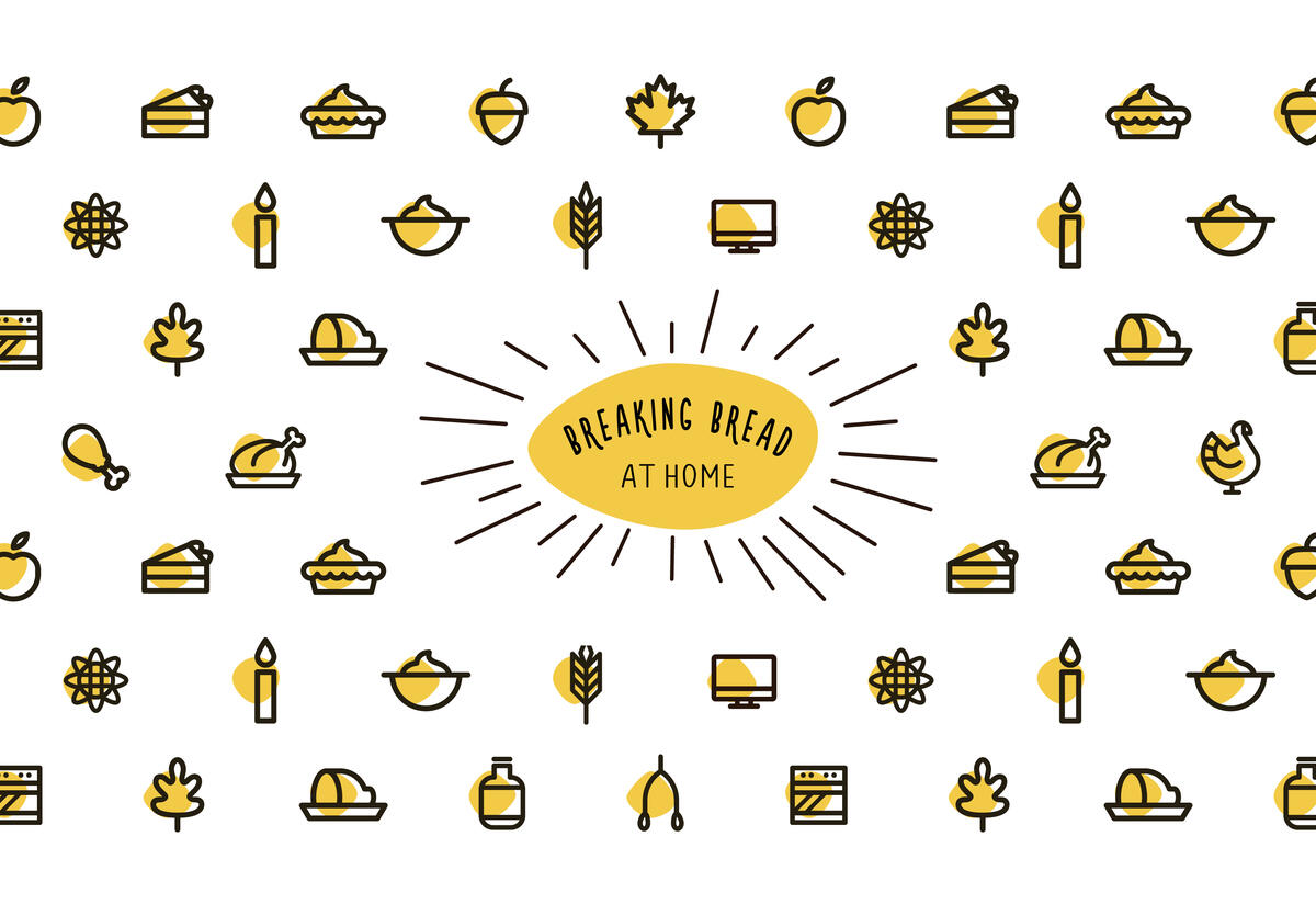 The virtual event included curated videos and delicious to-go meals from Spice Entrepreneurs. Breaking Bread graphic with small icons of food and the text "Breaking Bread at home"