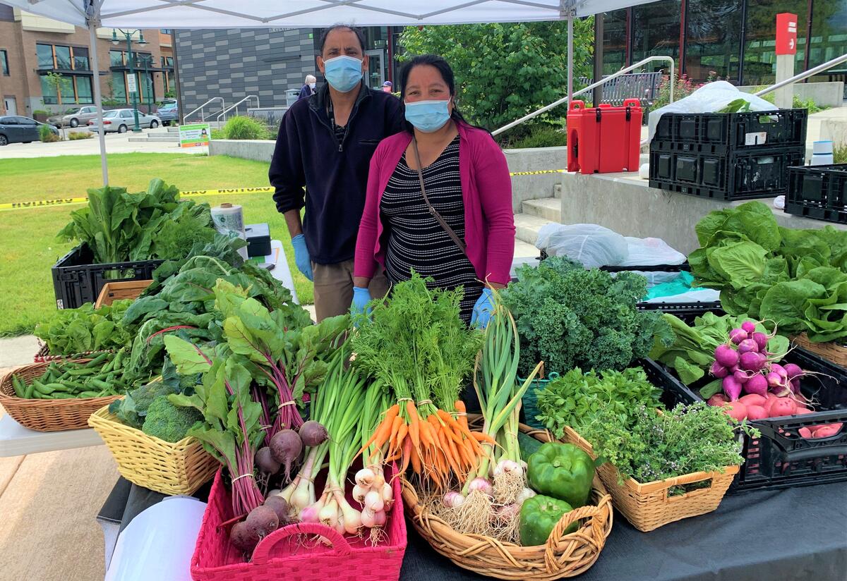 Two farmers wearing face masks stand behind a table full of fresh, locally grown vegetables and herbs in baskets. Two farmers wearing face masks stand behind a table full of fresh, locally grown vegetables and herbs in baskets.