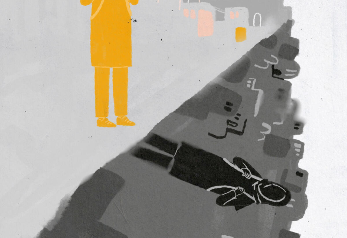 An animation of an Afghan teenage girl and her reflection. There is a diagonal line across the image with the girl's legs, in yellow and with a blank background, at the top. At the bottom, she is holding a backpack in front of a city skyline. 