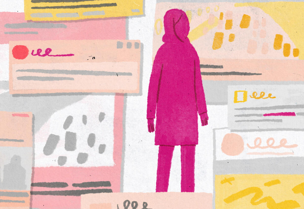 As a pink silhouette, an Afghan girl stands alone surrounded by news headlines. 