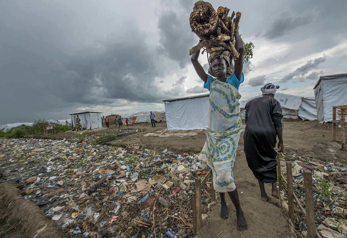 A woman carries firewood outside a camp for displaced people