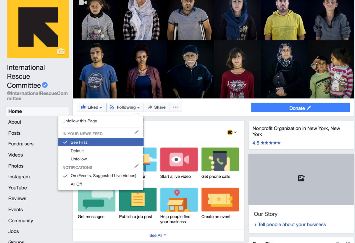 Screenshot of the IRC's Facebook page Screenshot of the International Rescue Committee Facebook page on a desktop computer