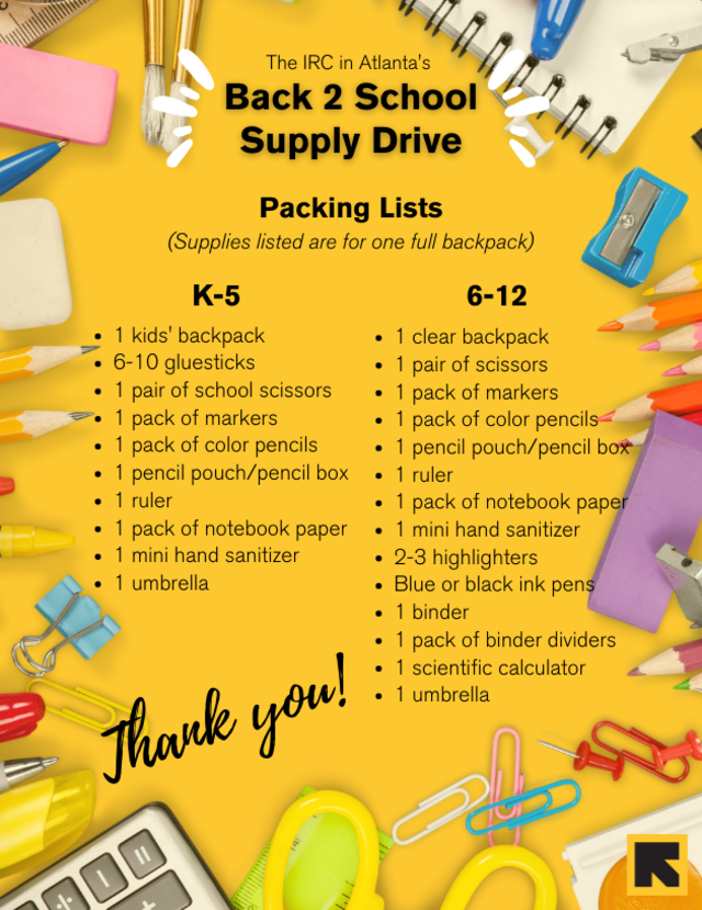 List of packing supplies needed for K-5 and 6-12 backpacks