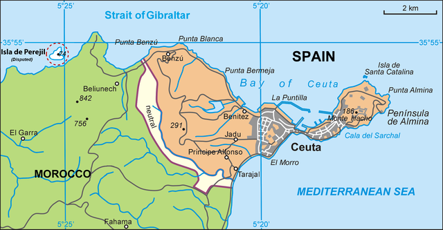 Karta över Ceuta som gränsar till Marocko och Medelhavet.