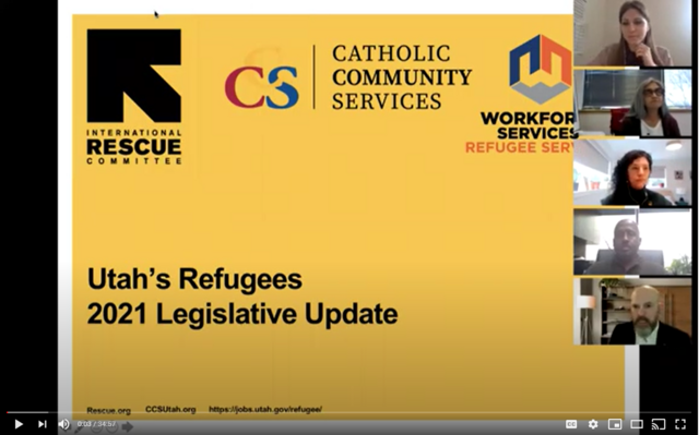 The International Rescue Committee, with other partners, hosted a briefing with the Utah Legislature. Screenshot of the first slide of the briefing video.
