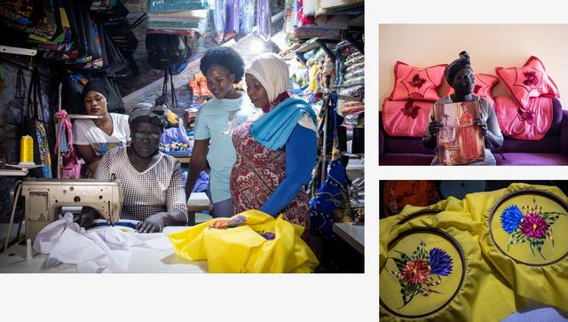 A collage of three photos shows a woman working at a sewing machine as two other women look on; the same woman holding a photograph of herself wearing graduation outfits; and fabric in frames embriodered with colorful flowers