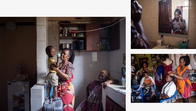 A collage of three photos shows a woman holding a toddler as another woman looks on; the woman adjusting her hair in a mirror; and female stylists working with seated women's hair at a salon.