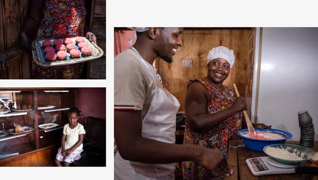 A collage of photos showing a woman mixing baking ingredients in a large bowl as she smiles at the male baker who is her mentor; a tray of cupcakes; and a little girl with a solemn expression sitting next to a dispay cake with pastries.