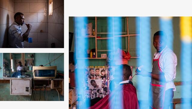 A collage of photos shows a barber styling a male client's hair at his shop and the same man brushing his teeth at home.