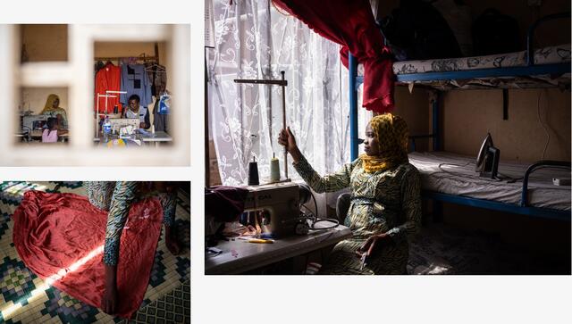 A collage of photos shows a Ugandan woman sitting at her sewing machine by a window; laying out a skirt; working alongside her mentor, who is at his own sewing machine
