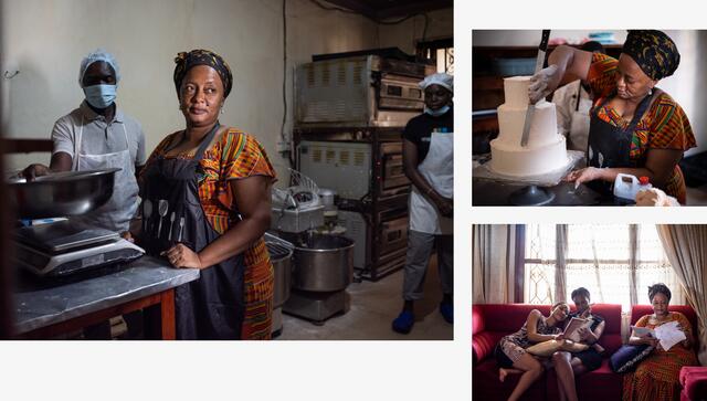 A collage of photos shows a woman standing at a kitchen counter, icing a three-tiered cake and sitting on a couch in her living room with two of her daughters.
