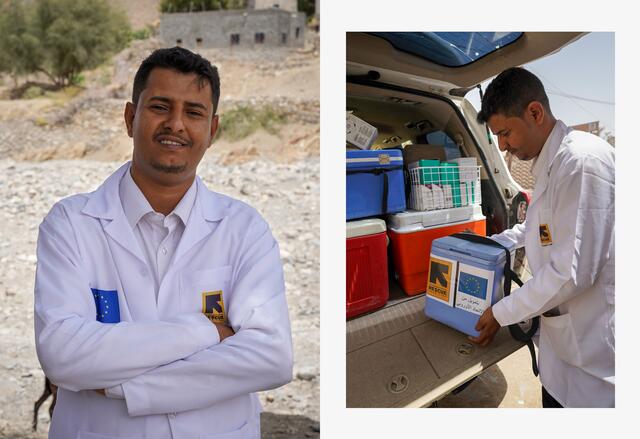Dr. Mohsen Fadel is shown standing in his white coat in one photo and loading a cooler with medicines into the back of an SUV in a second.