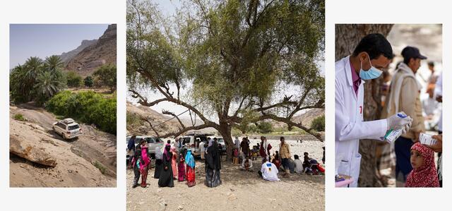 Photo 1: A health team's 4-wheel-drive vehicle travels a rocky road through an arid valley. Photo 2: The team and villagers meet in the shade of a large tree. Photo 3: A male pharmacist gives medicines to a man for his 3-year-old daughter near him.