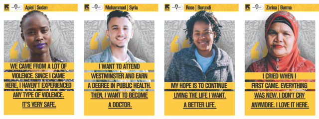 Banner featuring photos and quotes by four refugees, Apiel from Sudan, Mohammad from Syria, Rose from Burundi, and Zarina from Burma.