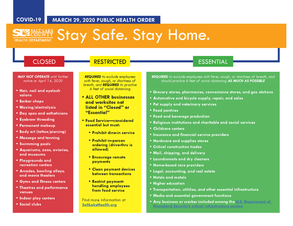Salt Lake County issues "Stay Safe. Stay Home." public health order in response to COVID-19. Flyer of the "Stay Safe. Stay Home." public health order guidelines issued by Salt Lake County.
