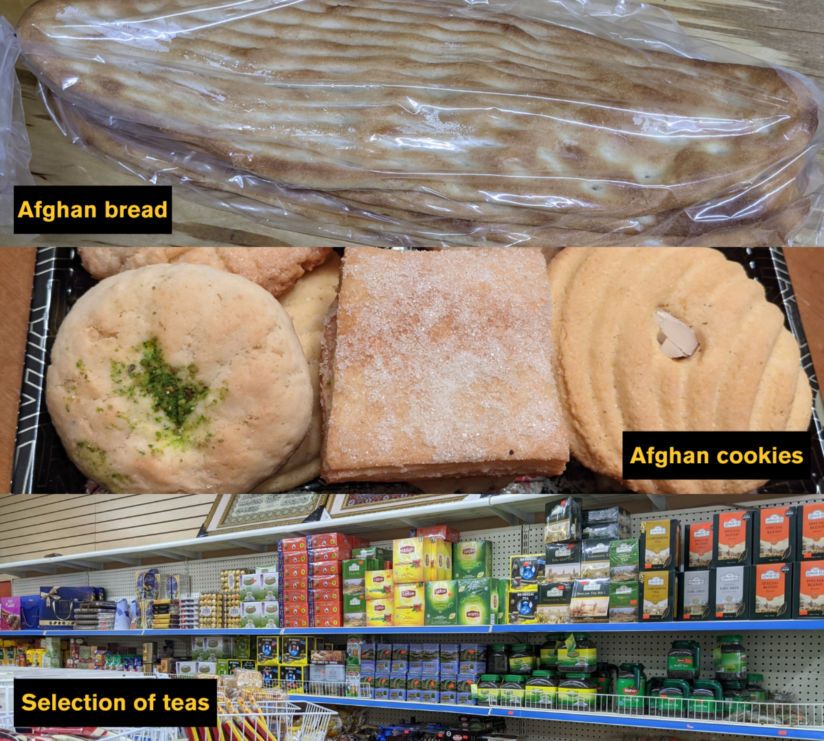 A collage of three photos of snacks: on top, a loaf of Afghan bread; in the middle, three Afghan cookies; and on the bottom, a selection of teas on a grocery store shelf.