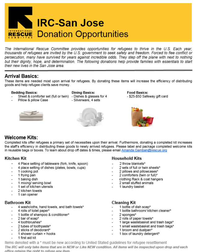Items Needed For Refugees In San Jose International Rescue