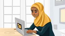 Illustration einer Frau am Schreibtisch bei der Computerarbeit
