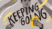 Illustration: Hassan und der Schriftzug "Keeping Going"- Weitermachen