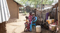 Judith Idiengol, 27, with her daughter Vanessa, 1, and Jennevive Tasha, 5, at their home in Kakuma Refugee Camp, Turkana, Kenya