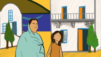 Illustration of Mojdeh and her daughter in front of a house