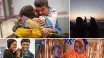 Collage of refugees smiling and embracing after reuniting