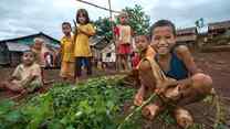 Young children outside surround a small garden in a settlement for migrant workers.