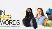 Image featuring three women with the title "in her words"