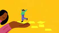 An animation of a teacher welcoming a student