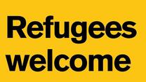 Yellow graphic with the text Refugees Welcome