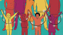 The illustration shows adults and children of different ages, colours and genders laughing and enjoying themselves.