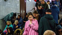 Hundreds of people seek shelter underground, on the platform, inside the dark train cars, and even in the emergency exits, in metro subway station as the Russian invasion of Ukraine continues, in Kharkiv, Ukraine.