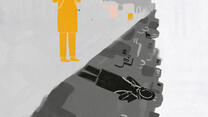 An animation of an Afghan teenage girl and her reflection. There is a diagonal line across the image with the girl's legs, in yellow and with a blank background, at the top. At the bottom, she is holding a backpack in front of a city skyline. 