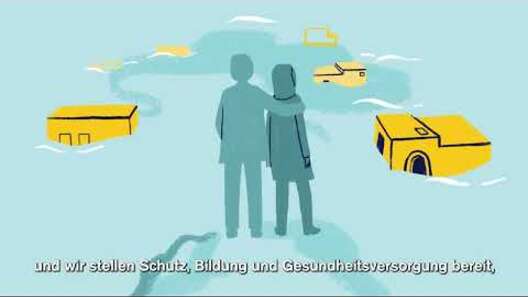 Illustration von zwei Menschen in einer Umarmung, umgeben von symbolischen Häusern – Text: ‚Schutz, Bildung und Gesundheitsversorgung