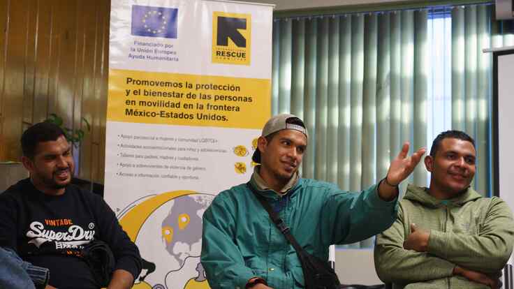 Juárez, Mexico. Venezuelans Alexander, 43, Brayler, 24 and Carlos, (age not disclosed) share their feelings about an activity they participated in during a men’s group at the IRC office in Ciudad Juárez. 