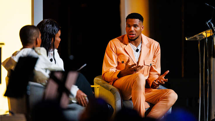 Giannis Antetokounmpo speaks at the IRC's Global Rescue Dinner.